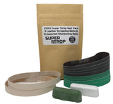 1/2X12 Super Strop Sharpening Belt Pack 2 Leather Honing Belts & Assortment of Sharpening Belts with White and Green polishing compounds