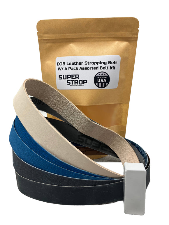 1X18 inch Assorted Belt Kit with Super Strop Leather Honing Polishing Belt Buffing Compound Included