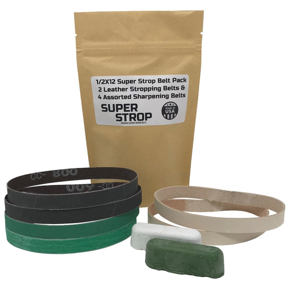 1/2X12 Super Strop Sharpening Belt Pack 2 Leather Honing Belts & Assortment of Sharpening Belts with White and Green polishing compounds