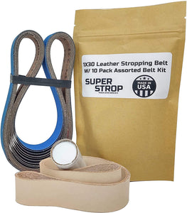 1X30 Leather Honing Belt Super Strop with Assorted 10 Pack of Sharpening Sanding Belts