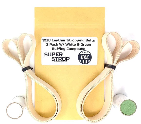 SUPER STROP 2 Pack 1X30 Leather Honing Polishing Belts With White & Green Buffing Compounds