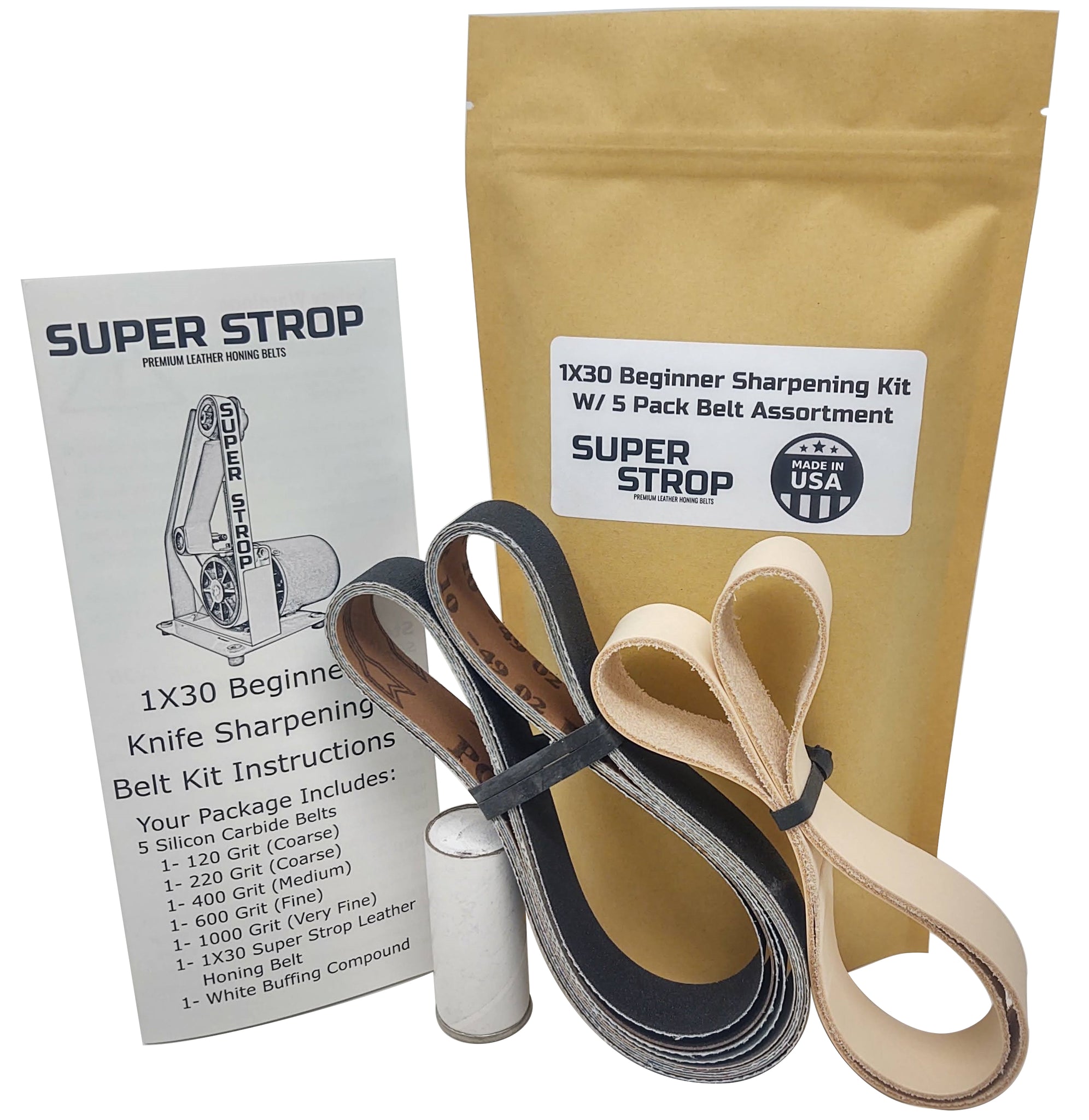 Super Strop Knife Sharpening Angle Guide Fits 1x30 Belt Sander with Assorted 5 Pack of 1x30 Sharpening Sanding Belts