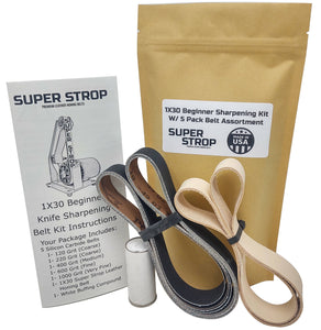 1X30 Super Strop Beginner Knife Sharpening Belt Kit W/ 5 Pack Sanding Belt Assortment and 1X30 Leather Honing Belt Detailed Instructions Included