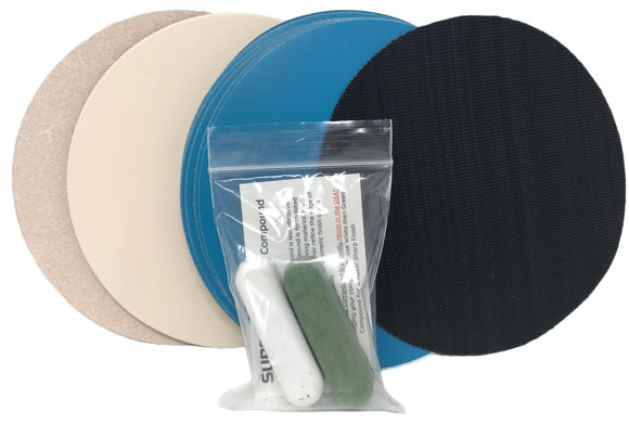 Super Strop Leather Honing Polishing Disc Discs Disk Disks with Hook and Loop Backing. Includes Hook and Loop PSA convertor. Blue Micron Abrasive discs. Green and White Honing Compound Pack