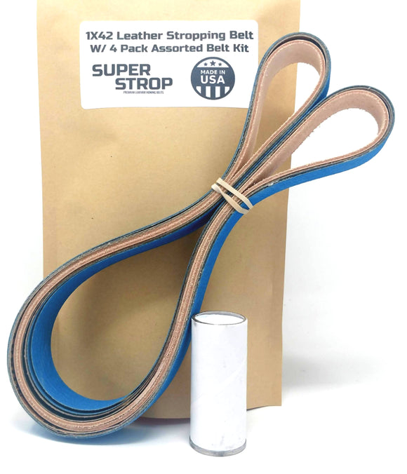 1X42 inch Assorted Belt Kit with Super Strop Leather Honing Polishing Belt Buffing Compound Included